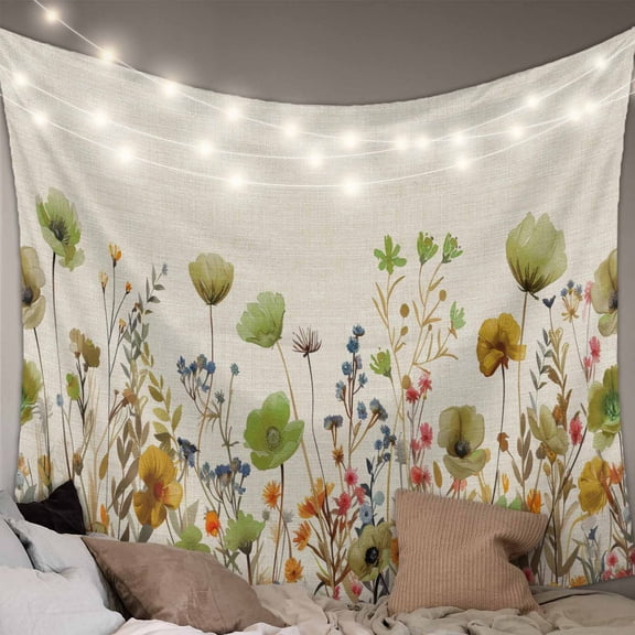 Sage Green Yellow Spring Floral Small Tapestry for Bedroom Wall Hanging Tapestry,Watercolor Botanical Summer Flowers Ceiling Backdrop Tapestries Poster Blanket Wall Decor for Living Room 23" x 28"