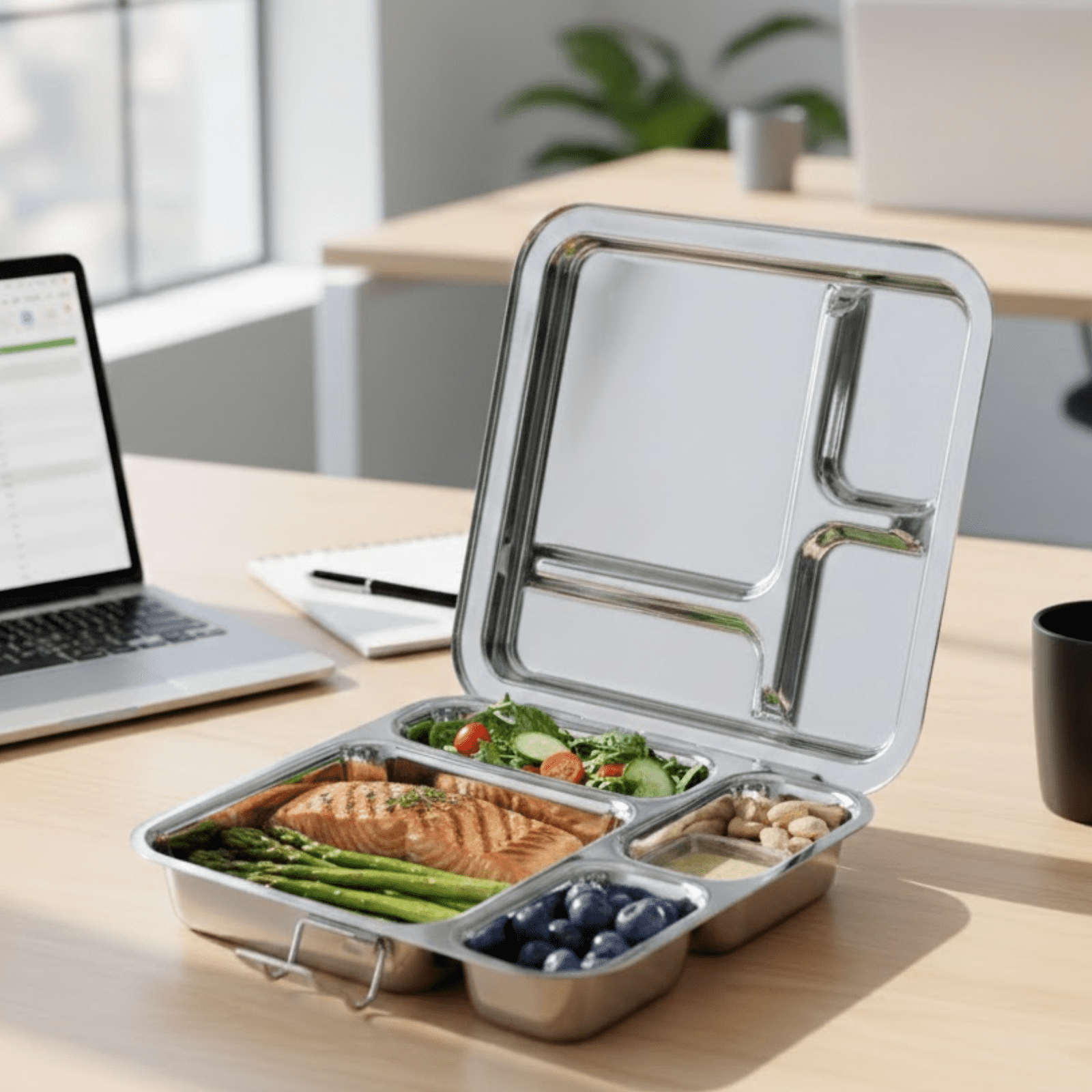 Mayur Exports Stainless Steel Bento Lunch Box for Adult - 4 Compartments Metal Bento Box Dishwasher Safe,Meal Prep Food Container for Travel Office