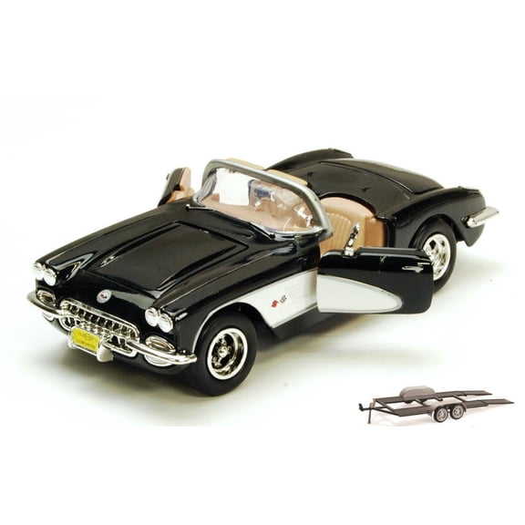 Diecast Car & Trailer Package - 1959 Chevy Corvette Convertible, Black - Motormax 73216 - 1/24 scale Diecast Model Toy Car w/Trailer