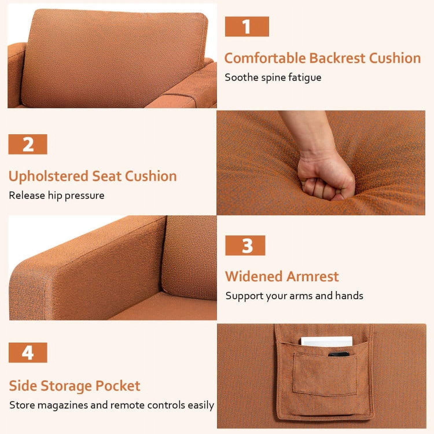 Finihen Upholstered Accent Armchair, Modern Accent Armchair with Side Storage Pocket, for Living Room, Bedroom, Orange