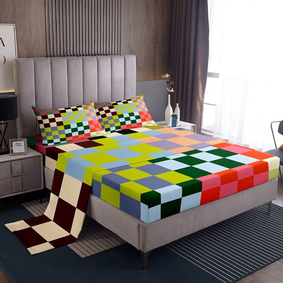 Erosebridal Checkered Gingham Bed Sheets Set Twin Size, Rectangle Geometry Bed Sheets Twin, Teens 3pcs