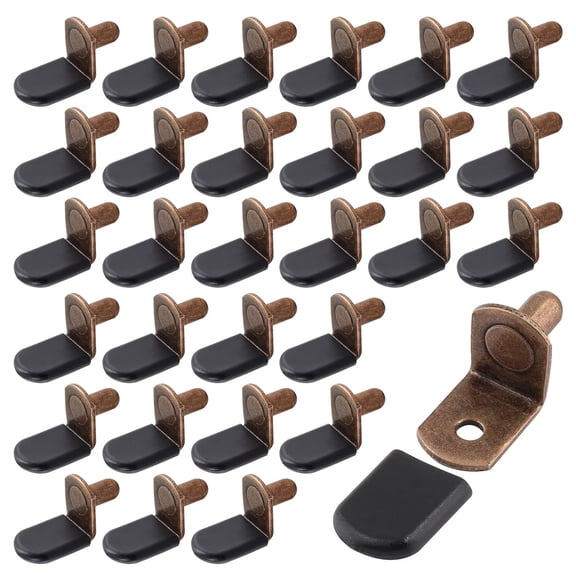 Kalyrart 30 Pcs Shelf Support Pegs, 1/4 Inch L-Shaped Clips with Rubber Sleeve, Cabinet Shelf Pegs for Bookshelves Glass Corner Shelf Cabinet Furniture, Antique Bronze