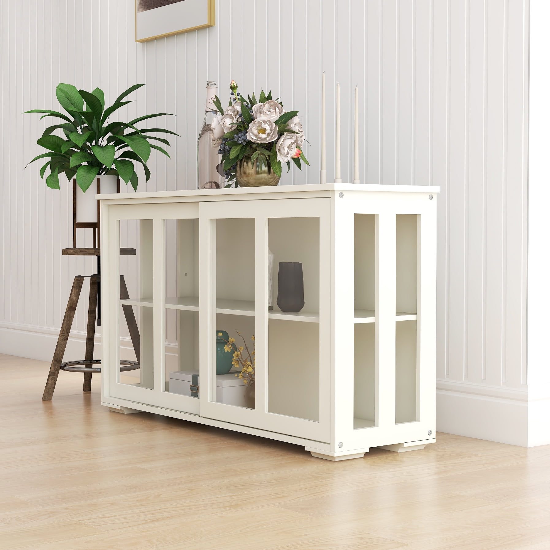 Kitchen Storage Cabinet,Sideboard Buffet Cupboard with Glass Door,Pantry Organizer, Freestanding Kitchen Cabinet,White
