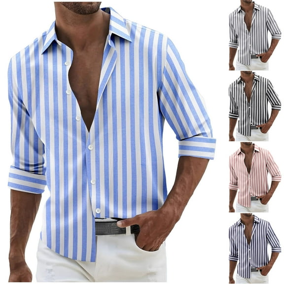 DDAPJ pyju Men's Striped Shirt Relaxed Fit Long Sleeve Casual Button Down Shirts Lightweight Breathable Linen Beach Shirt Navy XXL