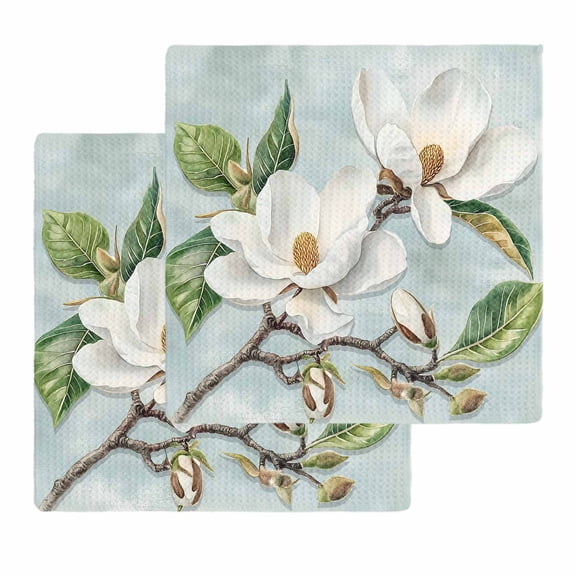 Botanical Flowers Kitchen Dish Towels for Drying Dishes Set of 2, Country Magnolia Leaves Branches Waffle Weave Microfiber Hand Tea Bathroom Towels Quick Dry & Absorbent Towel 12x12