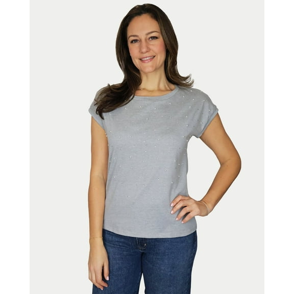 MORGAN PEARL STUDDED TEE - GRAY