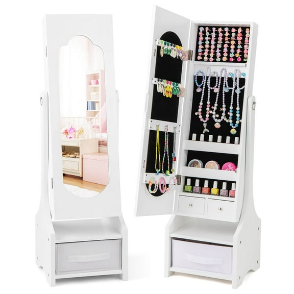 Costway Kids Jewelry Cabinet with Full-Length Mirror Drawer 2 Adjustable Tilt Angles White