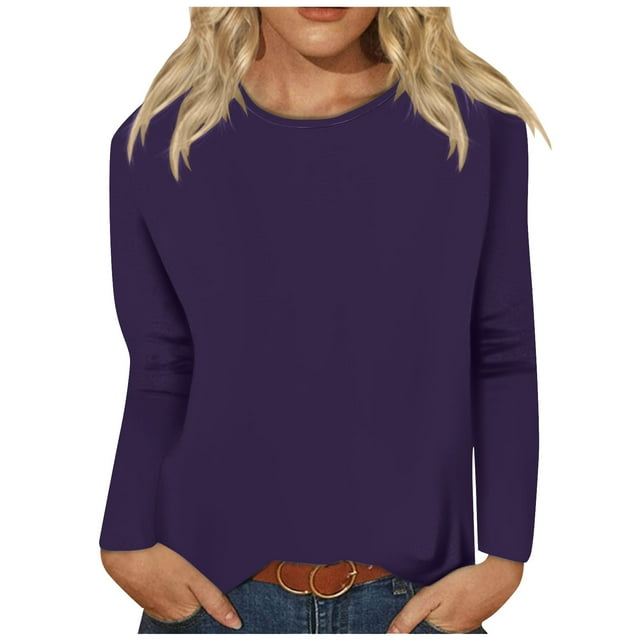 Timegard Womens Tops Long Sleeve Round Neck Solid Color Basic Tee Fall Casual Comfy Loose Tops Blouse