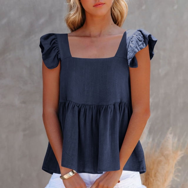 Karight Women's Casual Summer Square Neck Tank Tops Ruffle Strap Sleeveless Peplum Blouse Chiffon Top Shirts