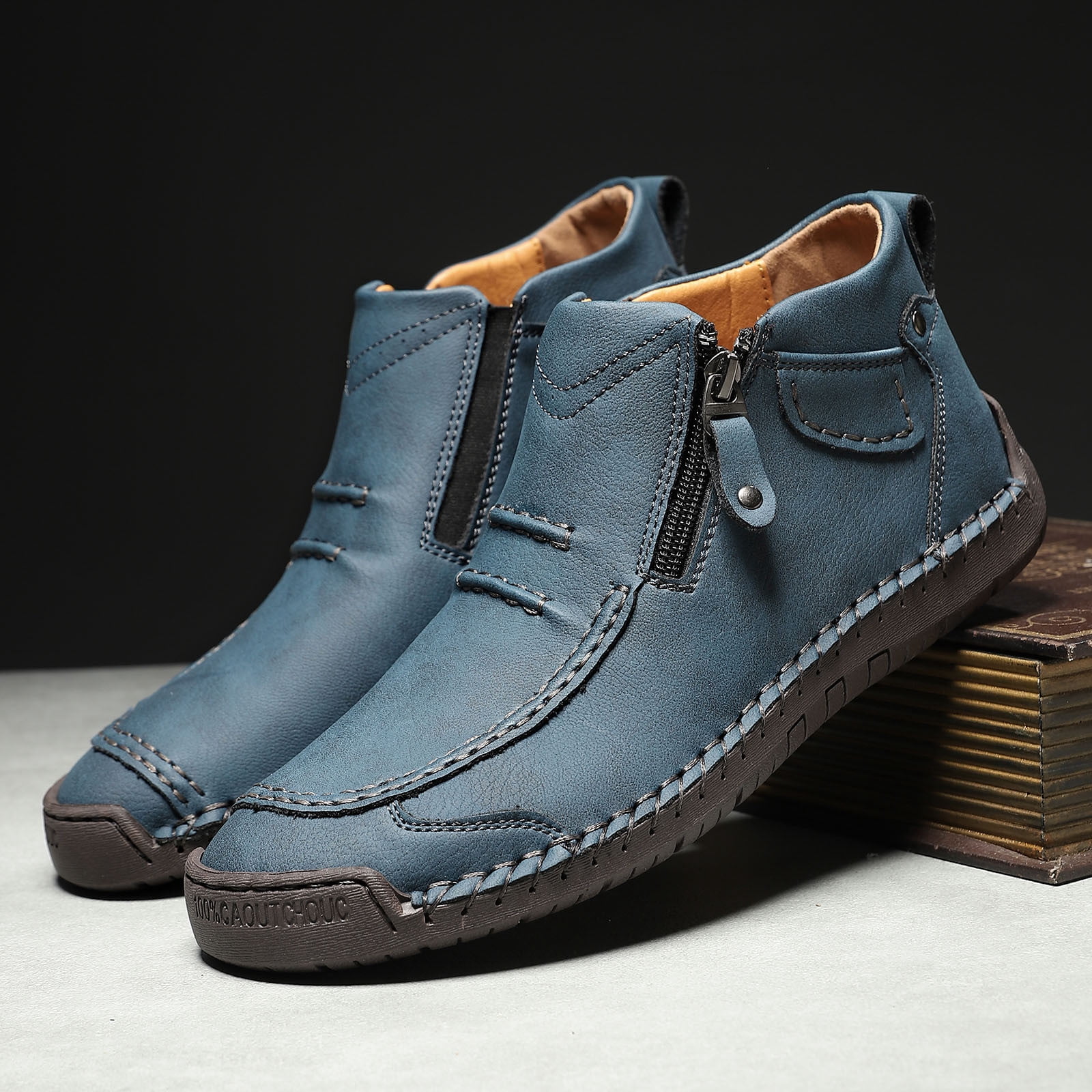 Menâs -On Orthopedic Leather Boots,Menâs Handmade Leather -On Driving Boots,Men Side Zipper Orthopedic Shoes for Driving Hiking