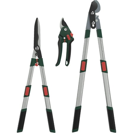 MY. 3-Piece Garden Tool Set - Bypass Lopper, Hedge Shears, Pruning Shears with Telescopic Aluminum Handles, Extendable Heavy-Duty Branch Cutters, Garden Clippers for Branches, Shrubs, and Hedges
