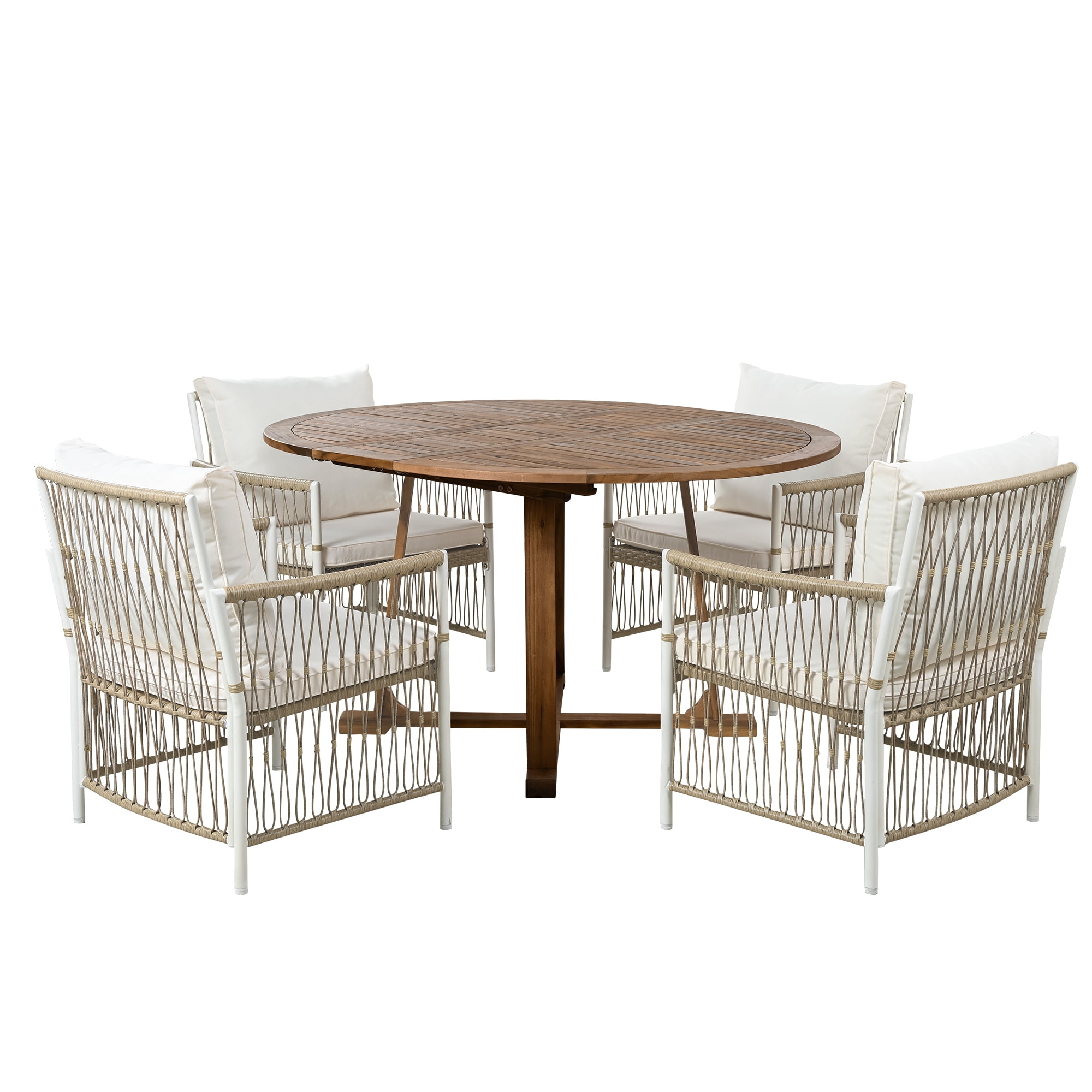 Harper & Bright Designs Patio Extendable Dining Table Set for 4, Outdoor Dining Furniture with Foldable Leaf Table and 4 Rattan Arm Chairs for Backyard Garden, Natural