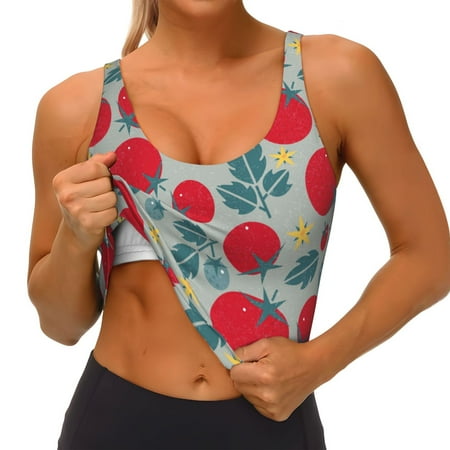Qokaie Tomato Pattern Womens Scoop Neck Sports Bra Breathable Workout Vest Padded U Back Medium Impact Fitness Gym Yoga Bra Workout Crop Top