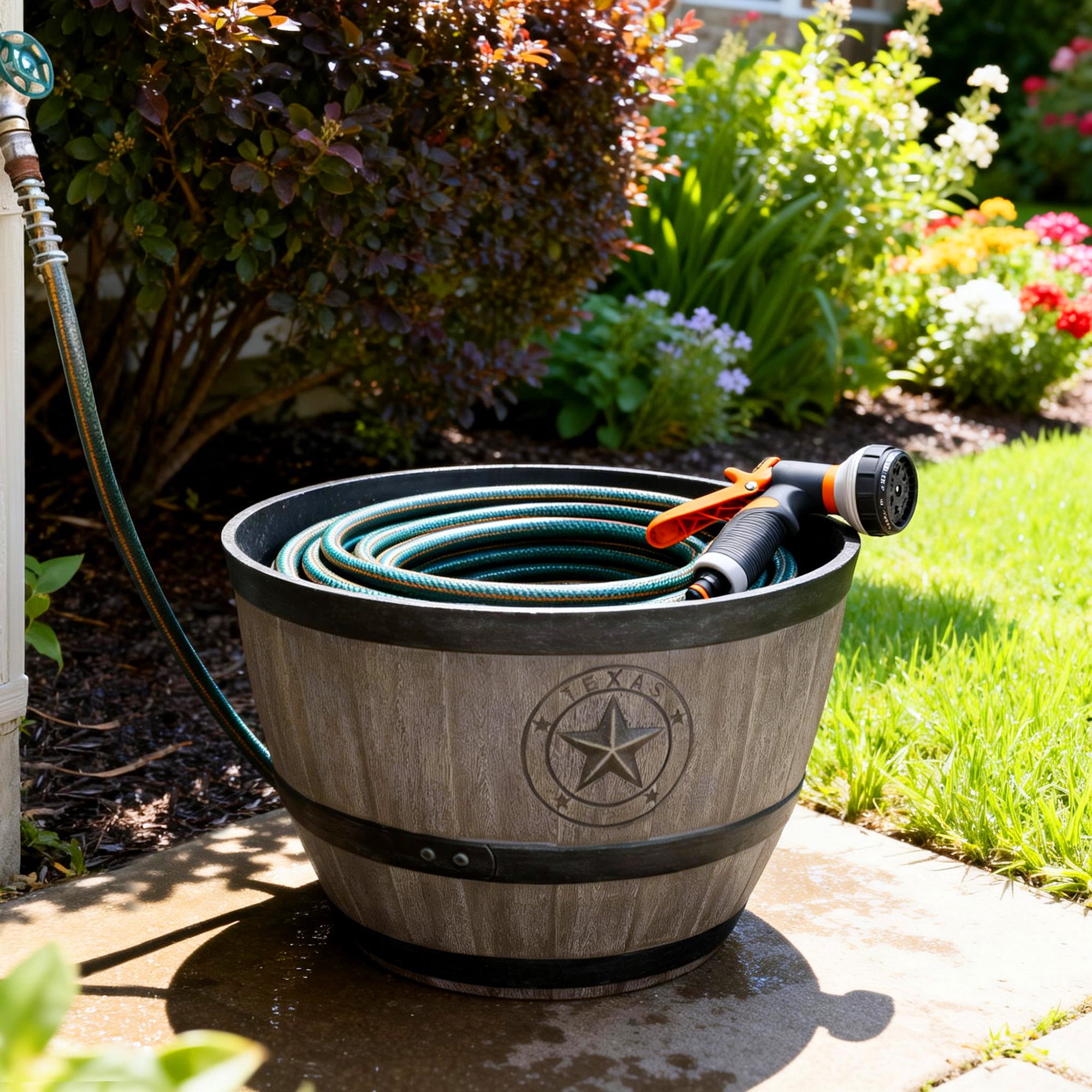 Expert Gardener Texas Whiskey Barrel Walnut Brown 100% Recycled Resin Hose Pot, 18 in x 18 in x 12 in, Removable Drainage Plug