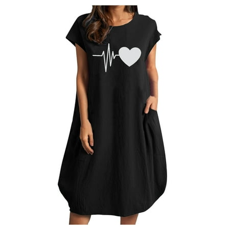 

Sayhi O-neck Dress Loose Short Print Pocket Women Dress Sleeve Casual Loose Linen Women s Dress Black Bustier Dresses for Women
