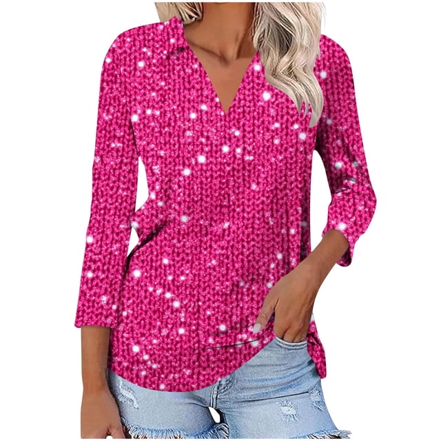 Camiseta de Solapa de Cuello en V de la Manga Superior de 3/4 de las Mujeres, Uso Diario Cómodo Casual