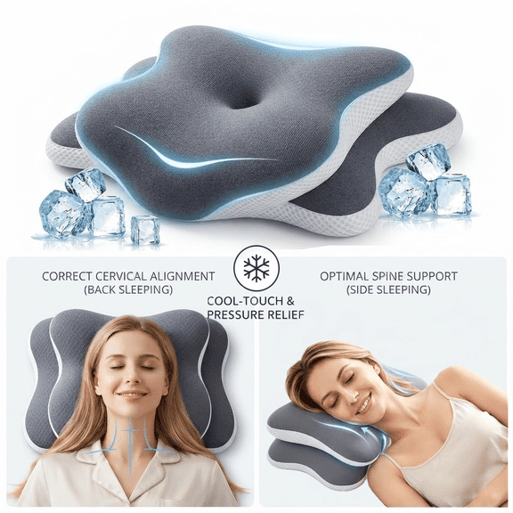 Cervical Memory Foam Pillow for Neck Pain Relief, Butterfly Contour Ergonomic Orthopedic Pillow for Neck and Shoulder, Side Back and Stomach Sleepers with Washable Cover