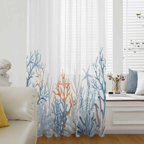 Coastal Coral Semi Sheer Curtains Drapes for Living Room, Bedroom, French Doors Window 63 Inches Long, Blue Ocean Starfish Seagrass Watercolor Rod Pocket Chiffon Curtain Drapery Voile Drape Panel
