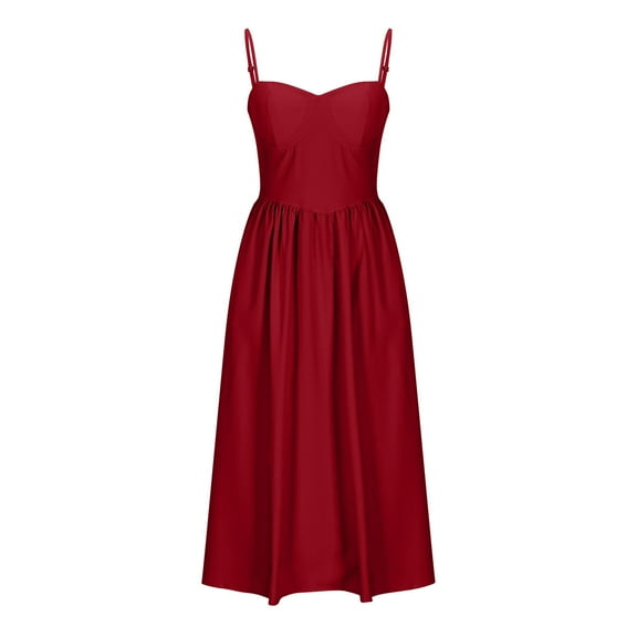 Ecqkame Women's Wedding Guest Dress Solid Color Sexy Slip Party Dress Tummy Control Pleated Suspender Large Hem Dress 02-Red M