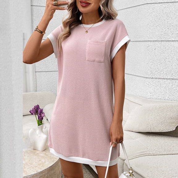 Warop Women's Casual Dress, Solid Color Round Neck with Color Block Short Sleeve and Pocket, Summer Short Length for Daily Wear and Outdoor