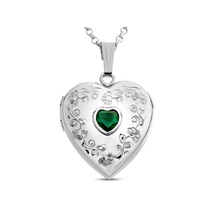 FJC Finejewelers Sterling Silver Heart Locket Pendant Necklace with Genuine Emerald May Birthstone