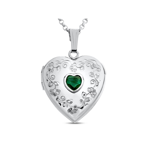 FJC Finejewelers Sterling Silver Heart Locket Pendant Necklace with Genuine Emerald May Birthstone