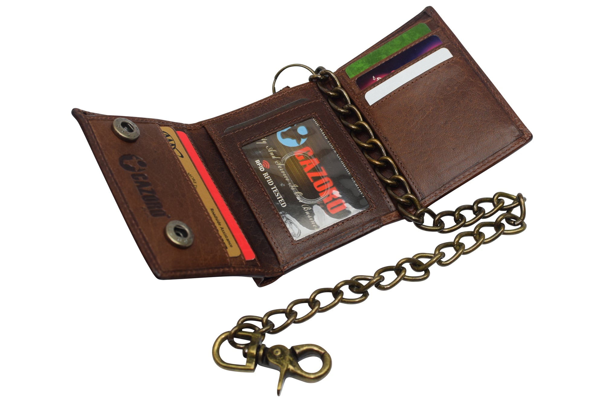 RFID Blocking Men's Tri-fold Vintage Biker Vintage Buffalo Leather Steel  Chain Wallet Snap closure