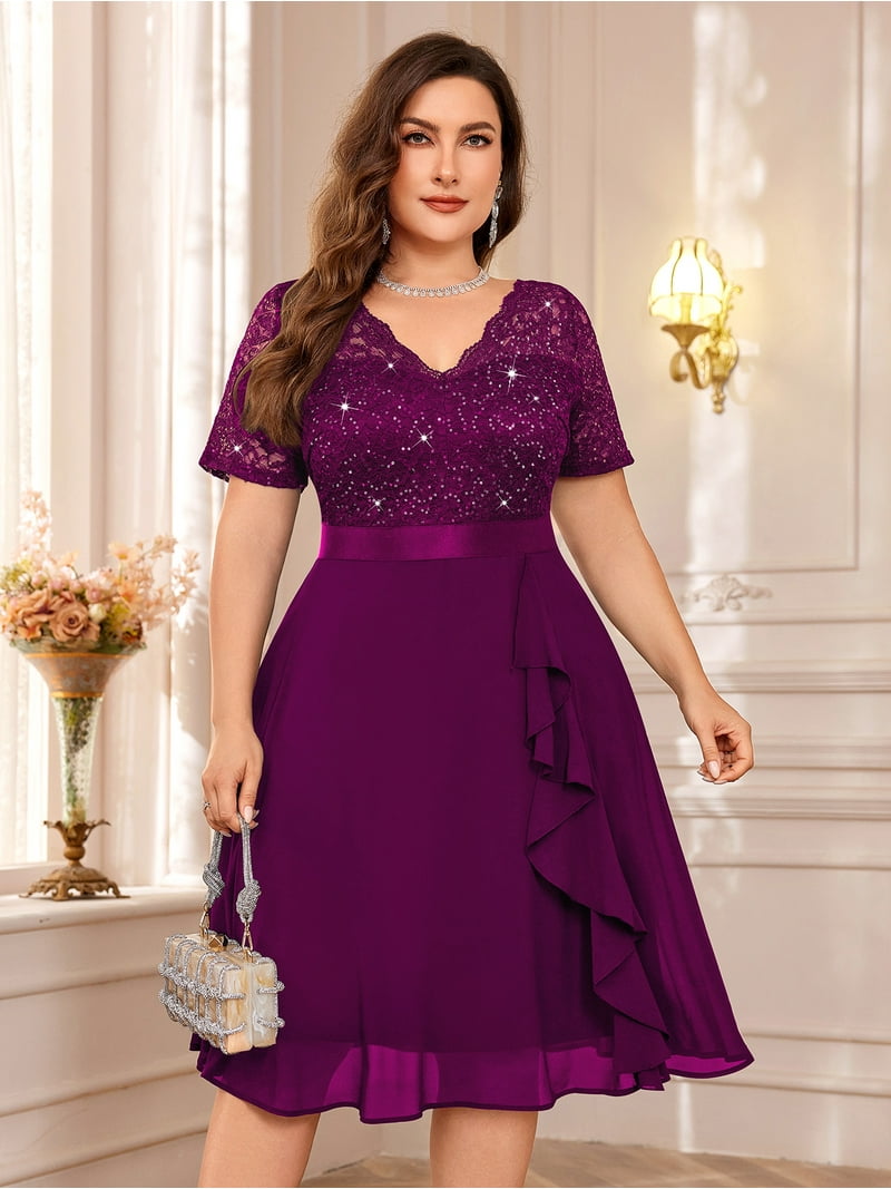 Miusol Women's Plus Size Sequin Lace V-Neck Chiffon Ruffle Trim