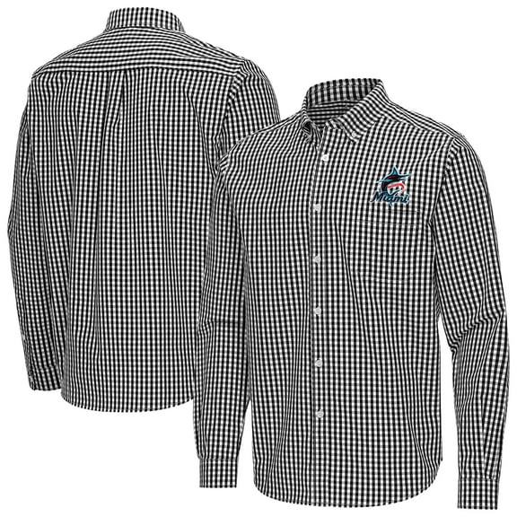 Men's Antigua Black Miami Marlins Ellis Woven Tri-Blend Button-Down Shirt