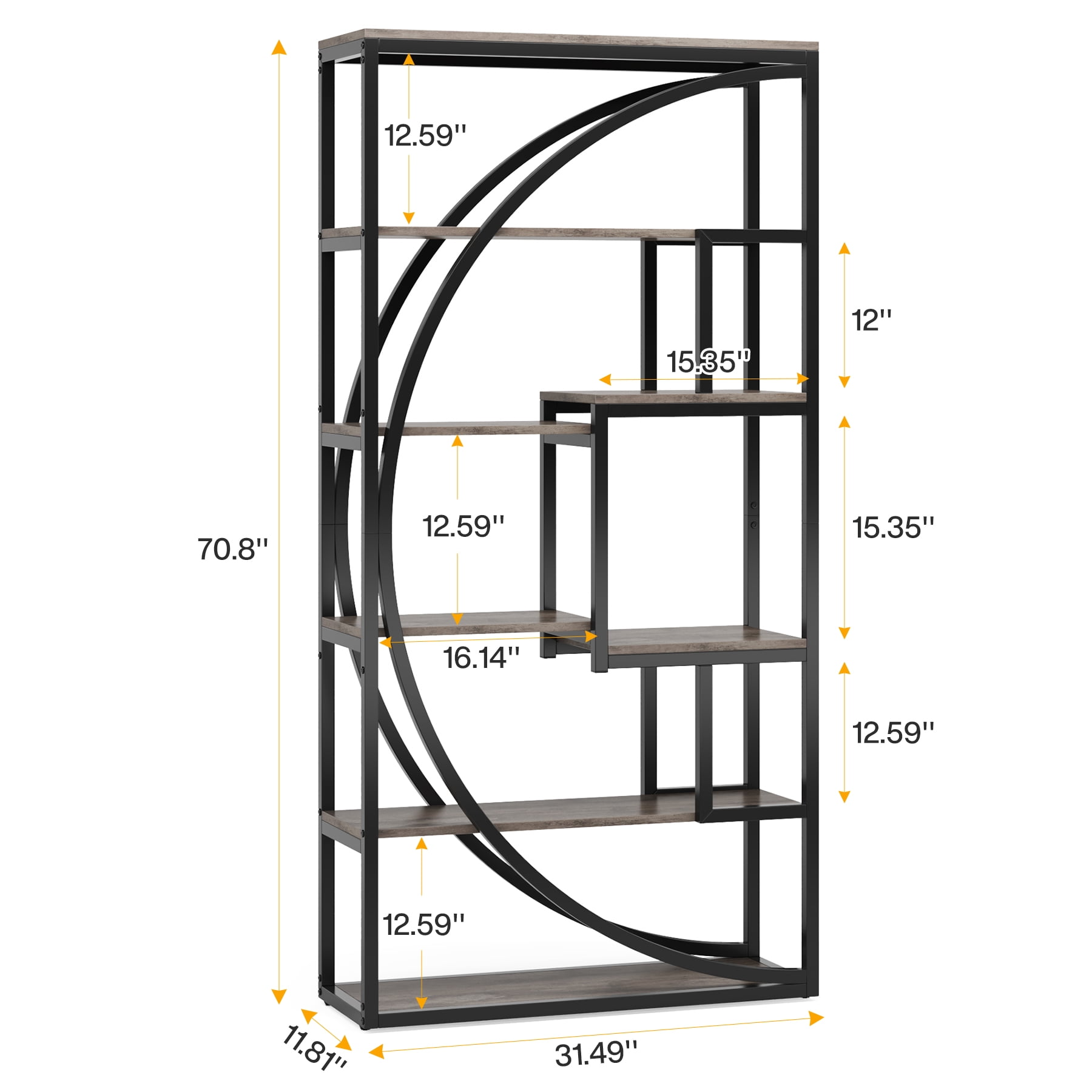 Tribesigns 70.8" Tall Industrial Bookshelf, 5-Tier Displaying Bookcases with 8 Open Storage Shelf for Home Office, Living Room, Bedroom, Gray