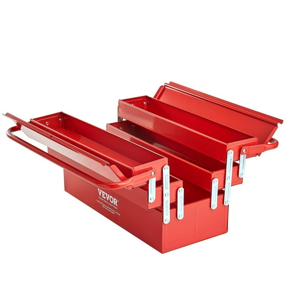 18-Inch 3-Tier 5-Tray Folding Cantilever Tool Box with Dual Handles, Lock Hole Design, Heavy-Duty Steel Portable Metal Toolbox for Garage, Workshop, Car Trunk, and On-the-Go Storage - Red