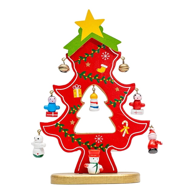 Árbol de Navidad de madera para mesa, mini árbol de Navidad para escritorio rojo