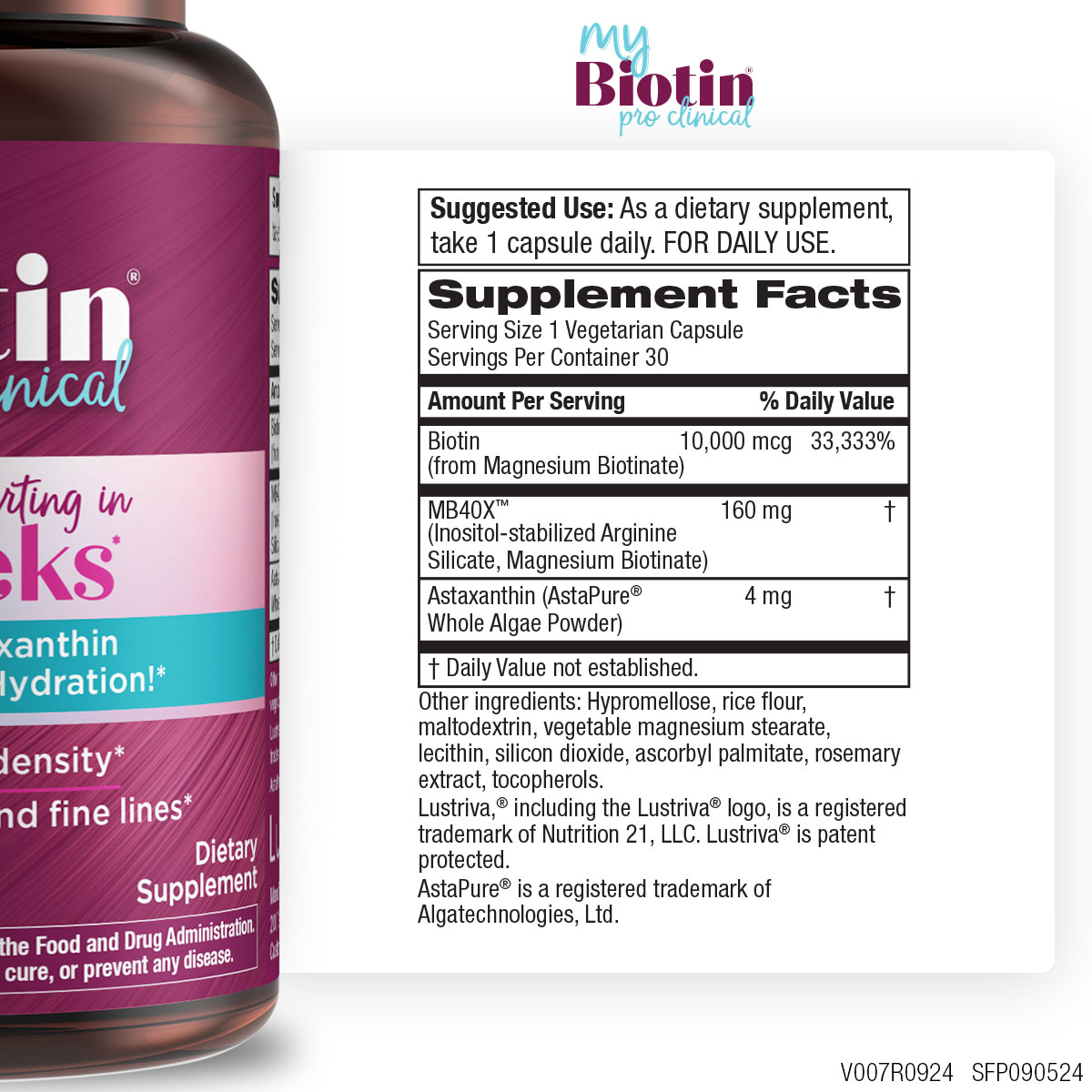 MyBiotin ProClinical w/ Astaxanthin - Purity Products - Thicker Hair Starting in just 3 Weeks - Patented Biotin Matrix - 40x More Soluble Than Ordinary Biotin - Hair, Skin & Nails - 30 Veggie Caps