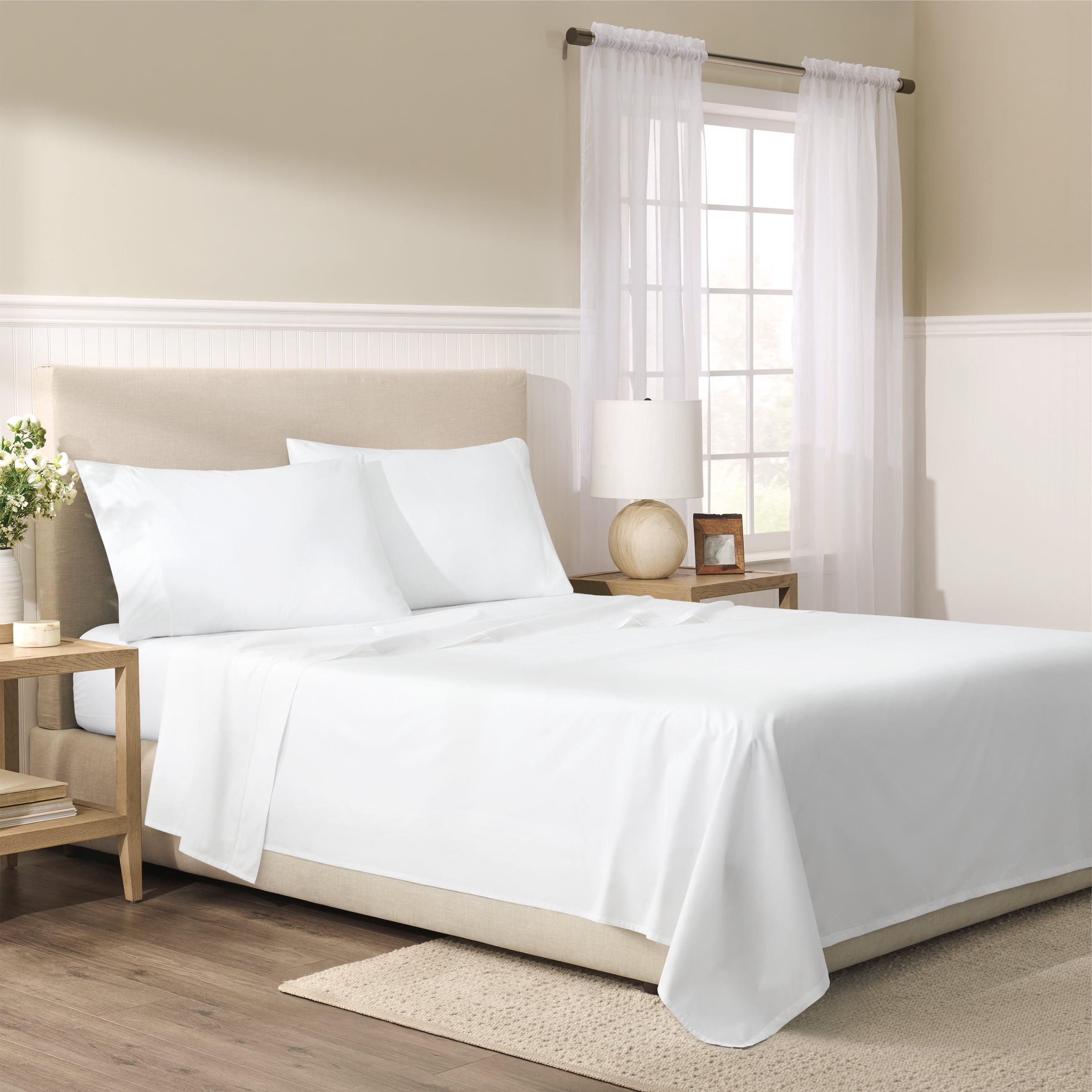 Wamsutta 1846 4-Piece 400 Thread Count Bright White Egyptian Giza Cotton Percale Bed Sheets, King-Deep Pocket