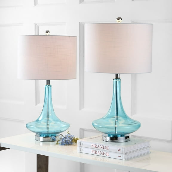 JONATHAN Y JYL1081B-SET2 Cecile 25.5" Glass Teardrop LED Table Lamp, Contemporary, Transitional for living room, dinning room, bedroom, office Bulb Included, Aqua/Chrome (Set of 2)