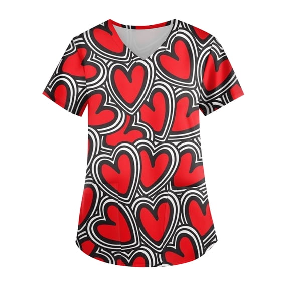 Womens Valentines Day Scrub Tops Loose Short Sleeve Cute Love Heart Printed Scrub Shirts Casual V Neck Scrubs Nursing Uniform Medical Nurse Workwear with Pockets Deep Red M