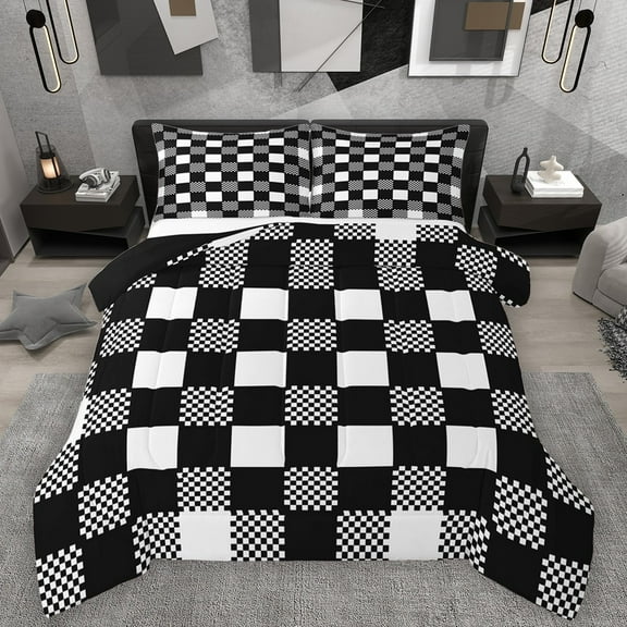 Homewish Black White Grid 2pcs Bedding Comforter Set For Kids Children Teens,Geometric Buffalo Twin Comforter Sets,Minimalist Abstract Breathable Bedding Set,Microfiber Bedroom Decor,Reversible