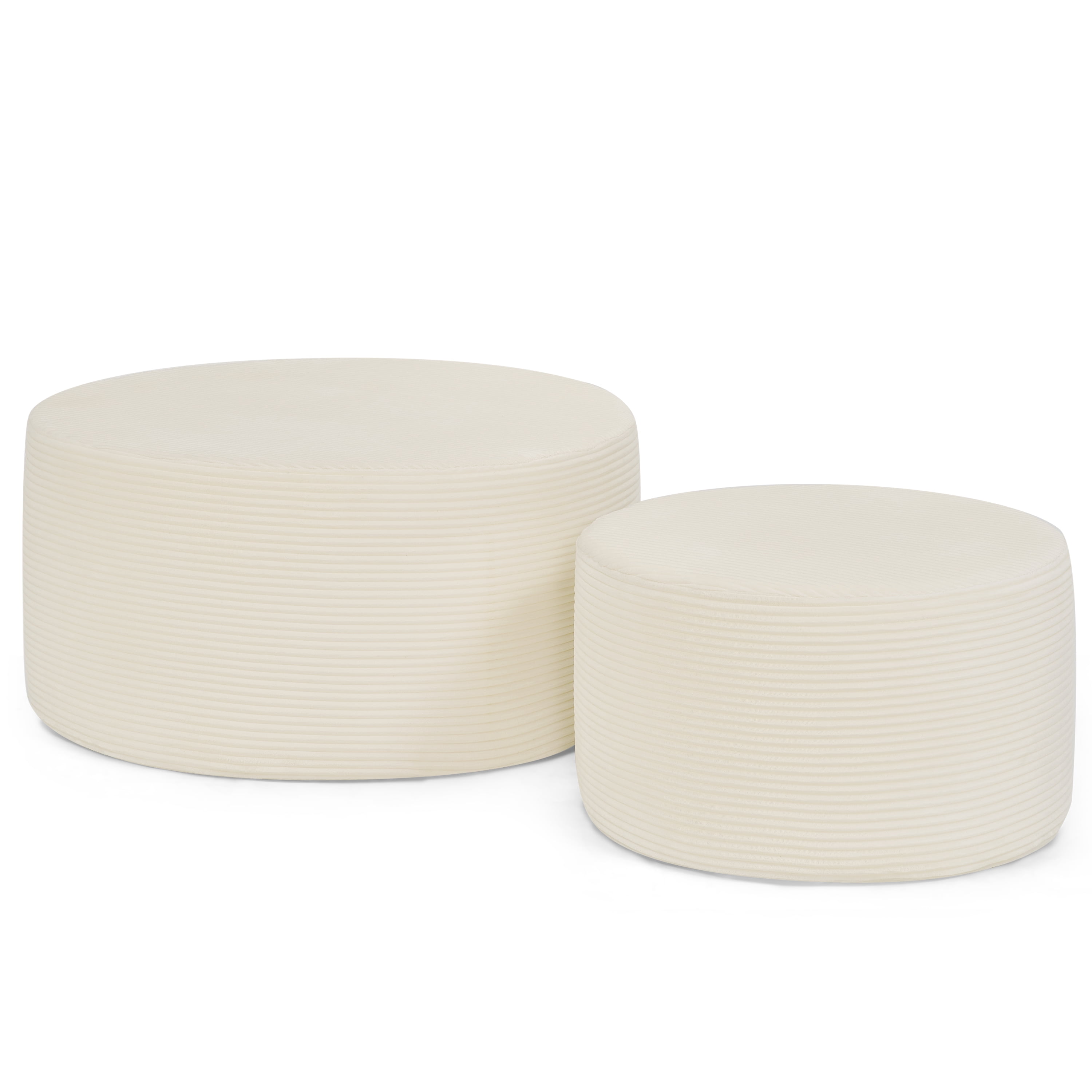 Aukfa 2-Piece Round Ottoman Set, Upholstered Coffee Table & Nesting Footrest Stools for Living Room, Bedroom, Beige