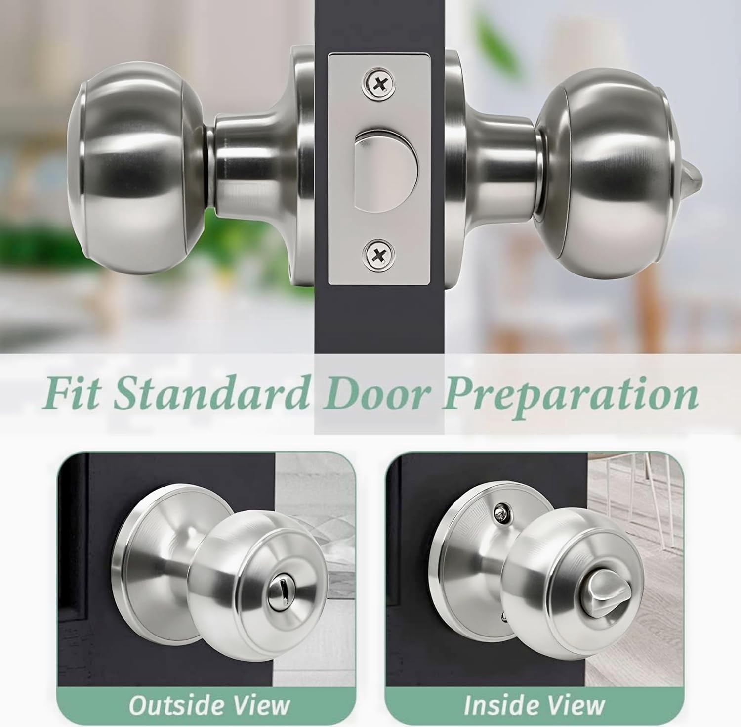 Privacy Door Knobs,10 Pack Brushed Nickel Round Keyless Doorknobs Interior Door Knobs for Bedroom/Bathroom, Privacy Function