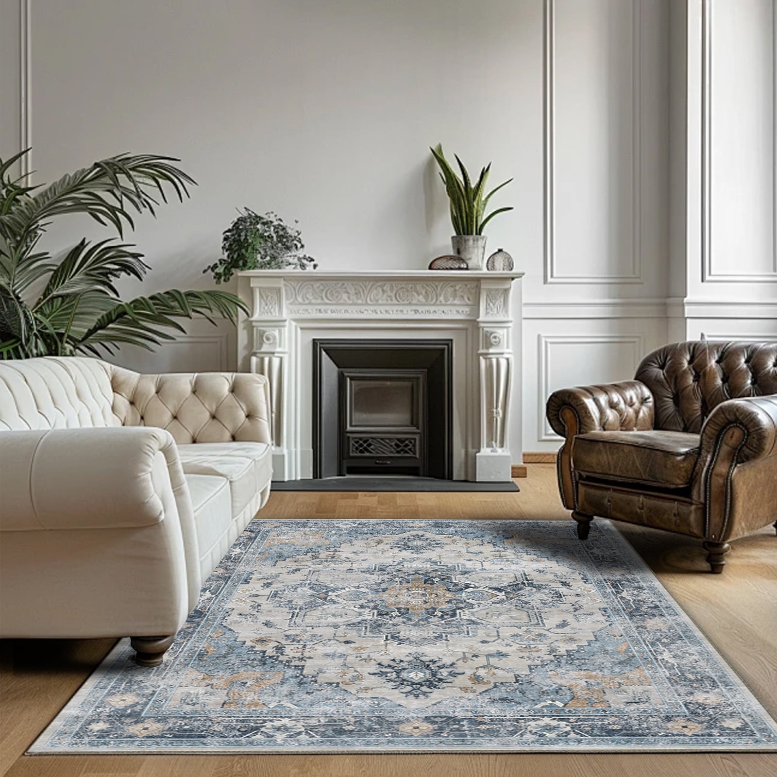 Pentantan Area Rugs for Living Room, Boho 9'x12' Washable Bedroom Rug, Non Slip Indoor Carpet, Blue