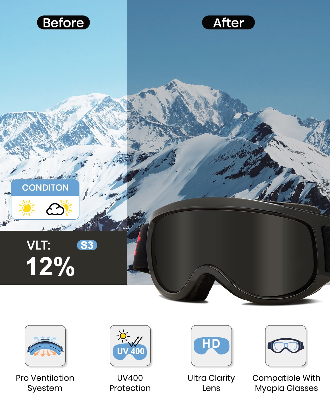 Cyxus Ski Goggles for Men Women 100% UV Protection OTG Snowboard VTL12%（Black Frame Gray Lens）