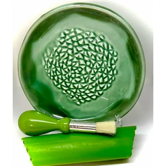 All-in-one Premium Ceramic Garlic Grater Plate 4-Piece Set - Green Glazed Design and Style - For Garlic, Ginger, Chocolate, and more! - Comes with 5.25" Plate, Peeler, Brush, and Stand