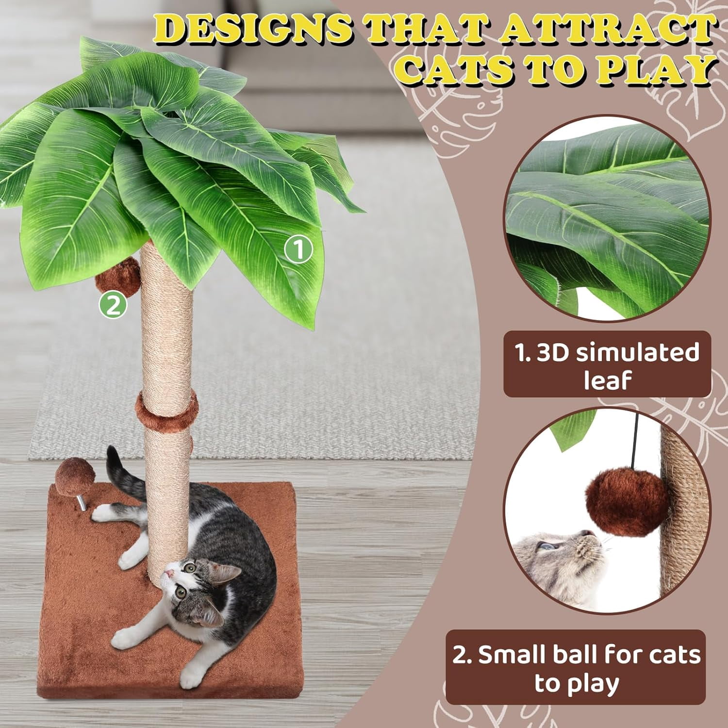 Cat Scratching Post for Indoor Cats,33.5” H Sisal Scratching Post for Kitten & Large Cat, Cat Scratch Post with Spring Ball,Brown