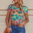 thumbnail image 6 of KLL Women 's Crew Neck Bodysuit Jumpsuits Hawaii Palms Print Short onesies Stretch T Shirts, 6 of 7
