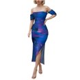 thumbnail image 1 of Vestido de Hombro Frío para Mujeres Impresión de la Camiseta Fuera Del Hombro sin Espalda Hendidura Envoltura Nalgas Cintura Vestido Delgado, 1 of 5
