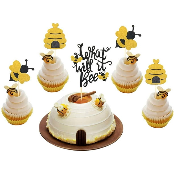 25 Pcs Glitter What Will It Bee Cake Topper Bumble Bee Cupcake