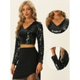 thumbnail image 2 of Top Corto con Lentejuelas para Mujer de Manga Larga con Cuello en V Blusa Corta de Color Brillante para Fiestas Negro M, 2 of 5
