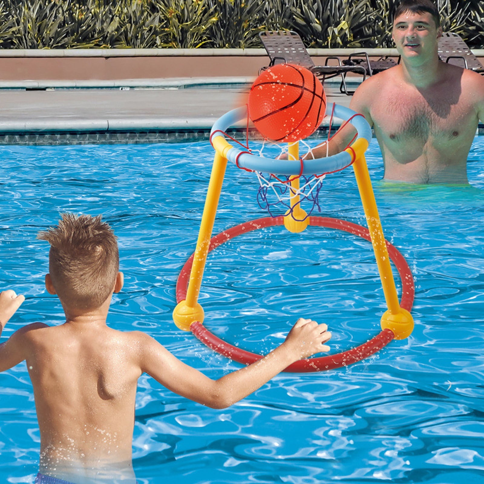 Panier Basket Flottant 2-en-1 – Piscine, Eau, Terre – 2 Ballons, 12 Anneaux, Pompe Inclus – Enfant/adulte