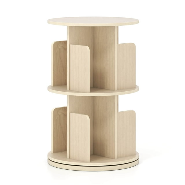 Costway 1 PCS 2-Tier Rotating Bookshelf 360° Display Rack with Dividers & Anti-falling Baffles Natural
