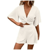 vigerkar Women's 2 Piece Summer Outfits Twist Front Short Flutter Sleeve Crop Top and Shorts Set White, L